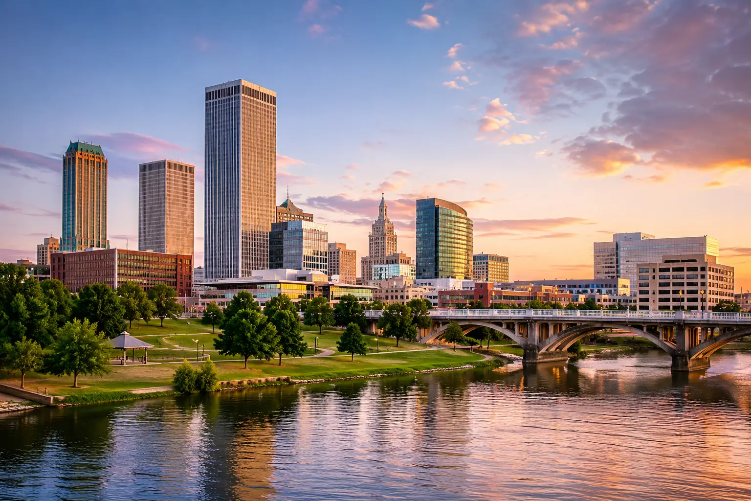 Luxury black car service from Dallas to Tulsa with executive chauffeur transportation and Tulsa skyline view